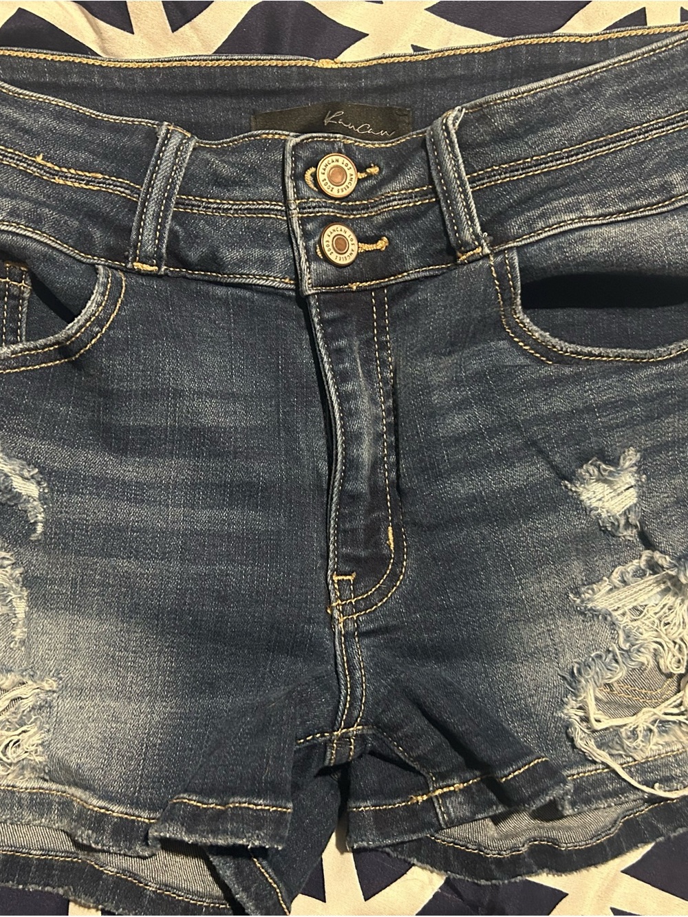 KanCan Dark Blue Denim Shorts with Gold Stitching